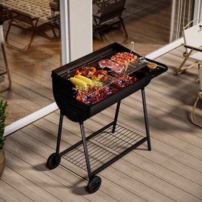 Black Outdoor Garden BBQ Charcoal Grill with Side Table Storage Shelf and Wheels