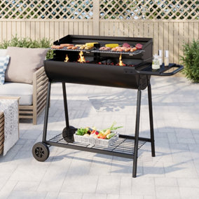 Black Outdoor Garden BBQ Charcoal Grill with Side Table Storage Shelf and Wheels