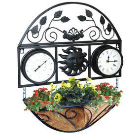 Black Outdoor Garden Clock & Thermometer with Flower Basket