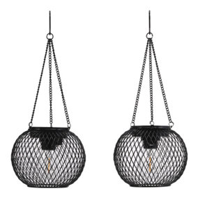 Black Outdoor Hollow Lantern Solar Powered Hanging Lights, Pack of 2