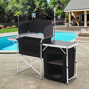 Black Outdoor Portable Camping Kitchen with Aluminum Frame and Large Storage Space 147cm W
