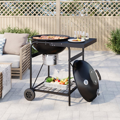 Black Outdoor Round Charcoal Grill with Side Table and Wheels