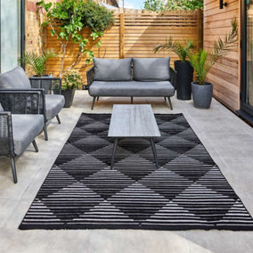 Black Outdoor Rug, Geometric Striped Stain-Resistant Rug For Patio Decks, 3mm Modern Outdoor Area Rug- 160cm X 220cm
