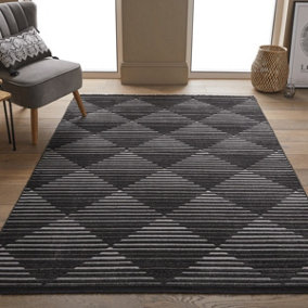 Black Outdoor Rug, Geometric Striped Stain-Resistant Rug For Patio Decks, 3mm Modern Outdoor Area Rug- 160cm X 220cm