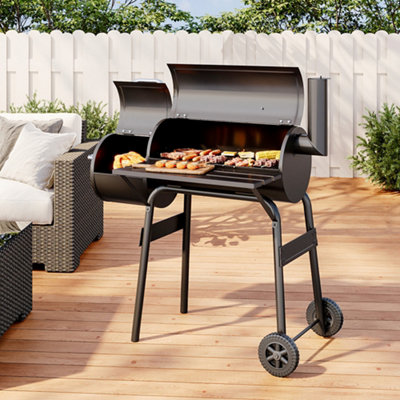 Black Outdoor Smoker Stainless Steel Garden Barbecue Charcoal BBQ Grill with Portable Trolley Wheels