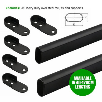 Black Oval Wardrobe Rail, Set of 2x 40cm Wall Mounted Clothes Hanging Rail