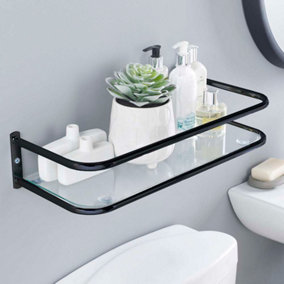 Black Over-Cistern Bathroom Tidy Storage Shelf with glass shelf and flat wall-plates