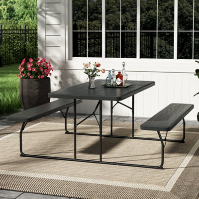 Black Picnic Foldable Table Bench Set 6 Seater Camping Table Set Garden Picnic and Bench Set