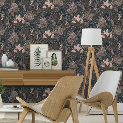 Black Pink Tropical Wallpaper Floral Leaf Textured Feature Wall
