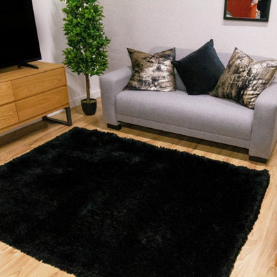 Black Plain Shaggy Handmade Luxurious Sparkle Rug Easy to clean Living ...