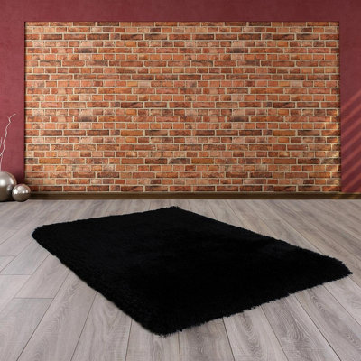 Black Plain Shaggy Handmade Luxurious Sparkle Rug Easy to clean Living ...