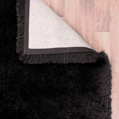 Black Plain Shaggy Handmade Luxurious Sparkle Rug Easy to clean Living ...