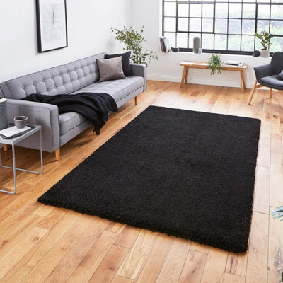 Black Plain Shaggy Modern Easy to Clean Rug for Living Room Bedroom and