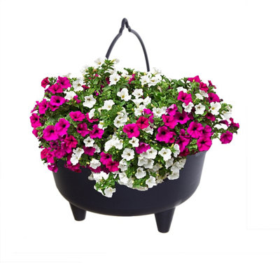 Black Plastic Cauldron Planter Flower Basket With Handle Small Round Pot 26cm