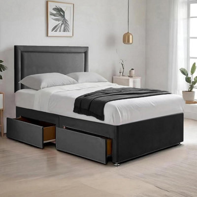 Black Plush 4FT Small Double Bed with Matttress 2 Storage Drawers and ...