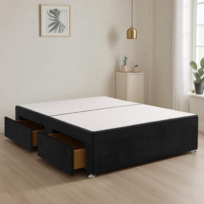 Black Plush Fabric 4FT Small Double Bed Base with 2 Spacious Drawers