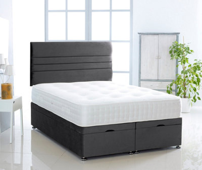 Black Plush Foot Lift Ottoman Bed With Memory Spring Mattress And Horizontal Headboard 2FT6 Small Single