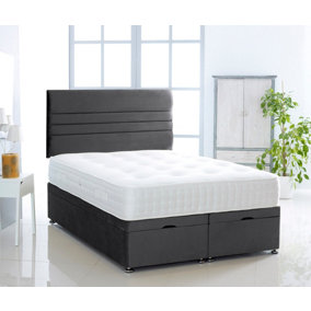 Black Plush Foot Lift Ottoman Bed With Memory Spring Mattress And Horizontal Headboard 2FT6 Small Single