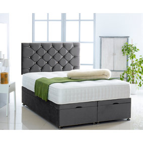 Black Plush Foot Lift Ottoman Bed With Memory Spring Mattress And Studded Headboard 6.0 FT Super King