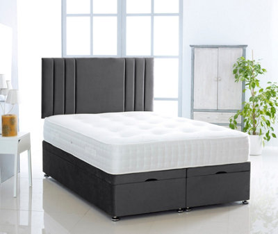 Black Plush Foot Lift Ottoman Bed With Memory Spring Mattress And Vertical Headboard 4FT6 Double