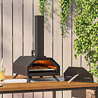 Black Portable Garden Countertop Pizza Oven BBQ Smoker with Pizza Stone and Chimney