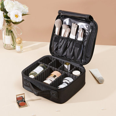 Black Portable Waterproof Zippered Cosmetic Organizer Case Travel Makeup Bag with Compartments
