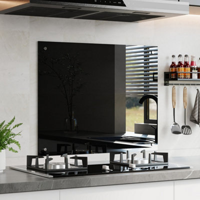 Black Pre-Drilled Tempered Glass Splashback for Cookers, 75cm W x 60cm D