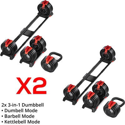 Black Quick-Select 3-in-1 Adjustable Dumbbell-Barbell-Kettlebell Set (2-24kg, Pair)