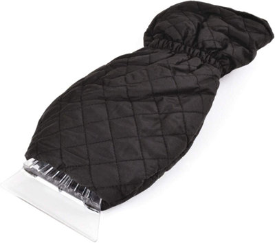 Black Quilted Ice Scraper Glove - Warm Fleece-Lined Mitt with Built-in Snow & Frost Remover for Car Windscreen - 36cm x 14cm