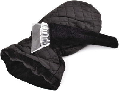 Black Quilted Ice Scraper Glove - Warm Fleece-Lined Mitt with Built-in Snow & Frost Remover for Car Windscreen - 36cm x 14cm