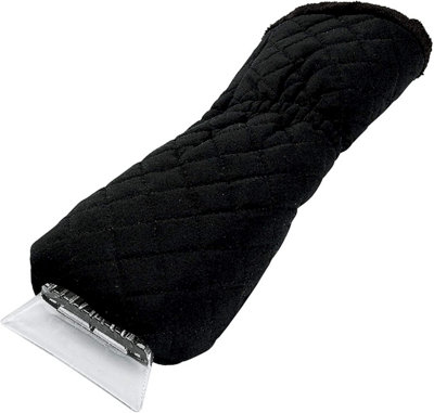 Black Quilted Ice Scraper Glove - Warm Fleece-Lined Mitt with Built-in Snow & Frost Remover for Car Windscreen - 36cm x 14cm