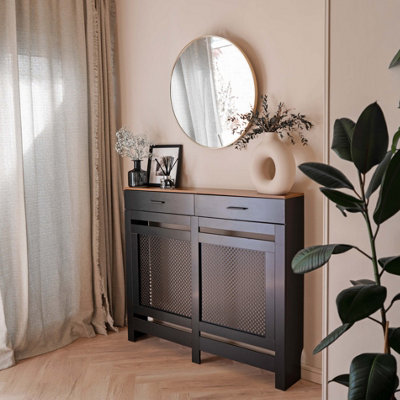 Black Radiator Cover With Contrast Wooden Shelf and Storage Draw - Medium