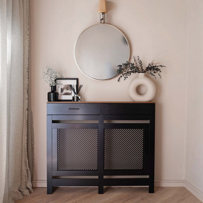 Black Radiator Cover With Contrast Wooden Shelf and Storage Draw - Medium