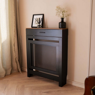 Black Radiator Cover With Contrast Wooden Shelf and Storage Draw - Small