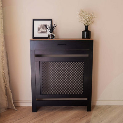 Black Radiator Cover With Contrast Wooden Shelf and Storage Draw - Small