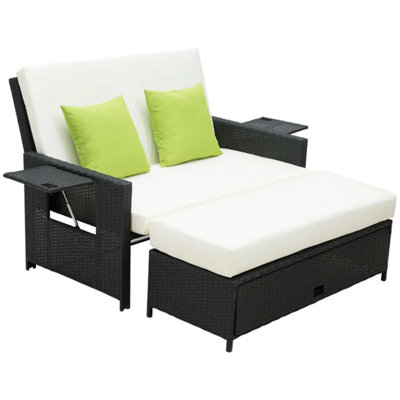 Black Rattan 2 Seater Sofa Sun Lounger Bed / Stylish Comfort for Outdoor Relaxation