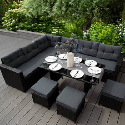Black Rattan Corner Furniture Set Premium 9 Seater Dining Cushions Sofa Seat  Table Stools FREE Cover