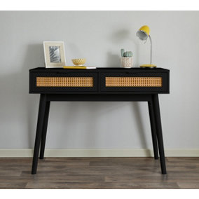 Black Rattan Style Console Table Desk with Convenient Drawers - Stylish and Functional