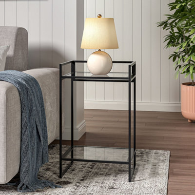 Black Rectangle Tempered Glass Side Table End Table with Storage Shelf