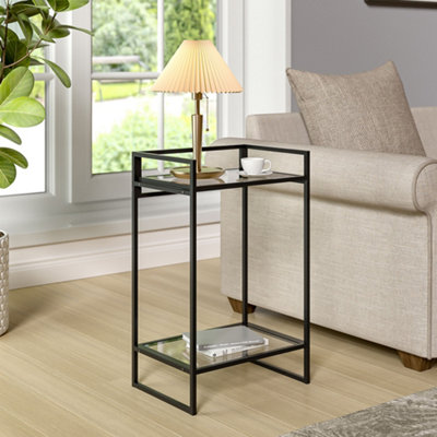 Black Rectangle Tempered Glass Side Table End Table with Storage Shelf