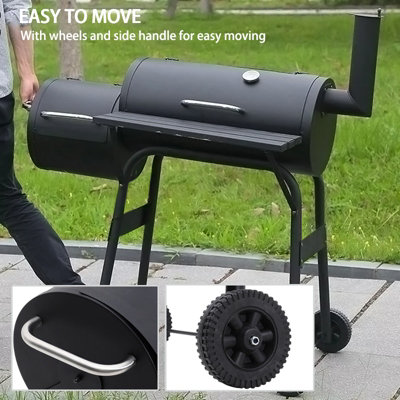 Black Rectangular BBQ Grill with Portable Trolley Wheels 115cm W