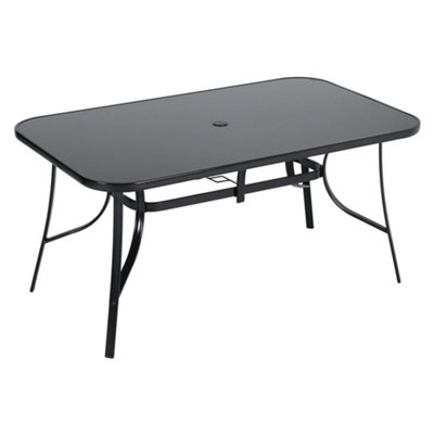 Black Rectangular Metallic and Tempered Glass Garden Dinging Table with Parasol Hole Outdoor 150 cm