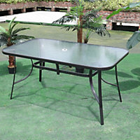 Black Rectangular Tempered Glass Tabletop Metal Outdoor Garden Coffee Table with Parasol Hole 120cm