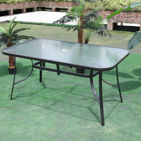 Black Rectangular Tempered Glass Tabletop Metal Outdoor Garden Coffee Table with Parasol Hole 120cm