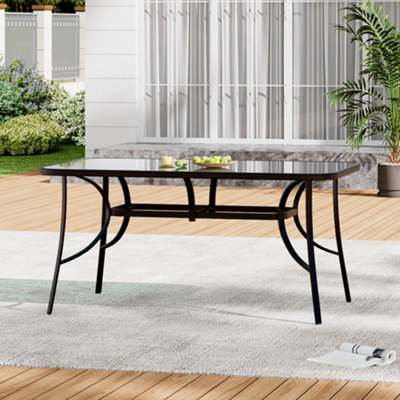 Black Rectangular Tempered Glass Tabletop Metal Outdoor Garden Coffee Table with Parasol Hole 150cm