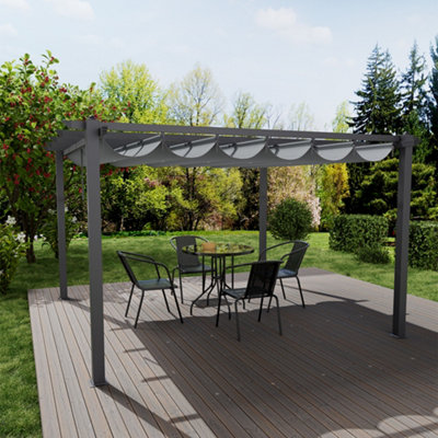 Black Retractable Flat Roof Garden Gazebo With Awning 4m W x 4cm D x 2.28m H