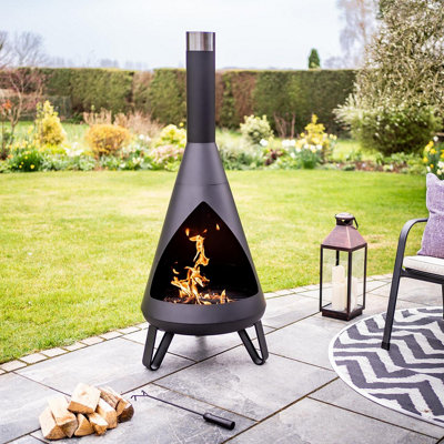 Black Rio Chimenea - Metal Outdoor Garden Patio Log Wood Burner Fire Pit Bowl with Stainless-Steel Flue Cap - Large, H150 x 58cm