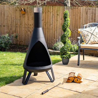 Black Rio Chimenea - Metal Outdoor Garden Patio Log Wood Burner Fire Pit Bowl with Stainless-Steel Flue Cap - Small, H125 x 50cm