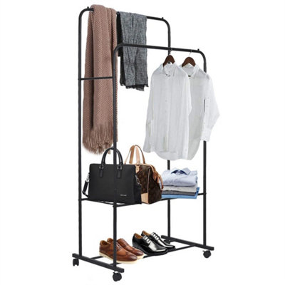 Black Rolling Garment Rack Double Pole Clothes Hanging Rail