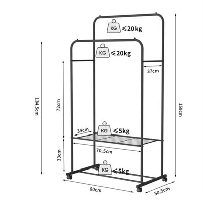 Black Rolling Garment Rack Double Pole Clothes Hanging Rail